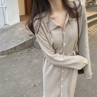 Polo-neck Tie-waist Midi Knit Dress