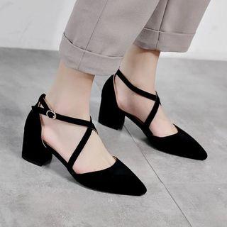 Velvet Cross Strap Block Heel Sandals
