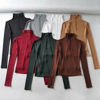 Plain Mock-neck Rib T-shirt