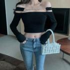 Chain Strap Off-shoulder Long-sleeve Top Black - One Size