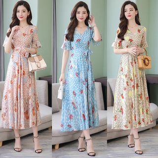 Short-sleeve Printed Midi Chiffon A-line Dress