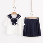 Short-sleeve Sailor Collar Bow Top / Pleated Mini Skirt / Set