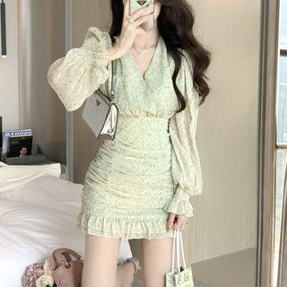 Long-sleeve V-neck Floral Mini Sheath Dress
