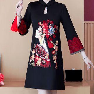 Flared-sleeve Embroidered A-line Dress