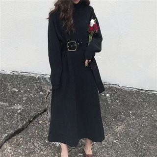 Turtleneck Midi Sweater Dress With Belt Black - One Size