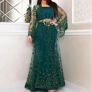 Long-sleeve Embellished Mesh Maxi A-line Gown
