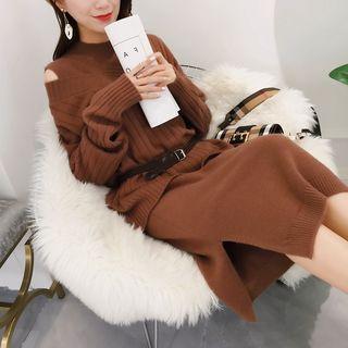 Set: Side Slit Sleeveless Knit Dress + V-neck Sweater