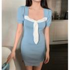 Two-tone Tie-neck Short-sleeve Knit Mini Bodycon Dress As Shown In Figure - One Size