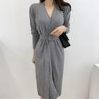 Long-sleeve Belted Knit Midi A-line Dress