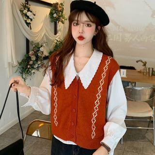 V-neck Button-up Vest / Long-sleeve Peter Pan-collar Shirt
