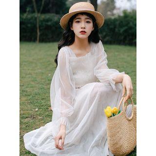 Set: Square-neck Long-sleeve Midi A-line Dress + Slipdress