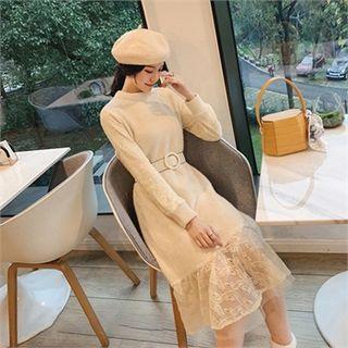 Belted Lace-panel Midi Sweater Dress