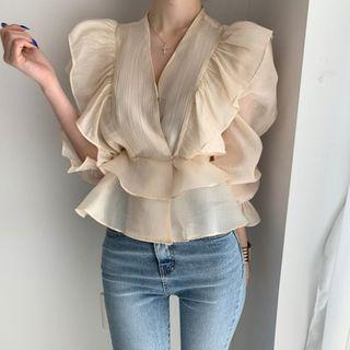 Ruffle Layered V-neck Long-sleeve Blouse Almond - One Size