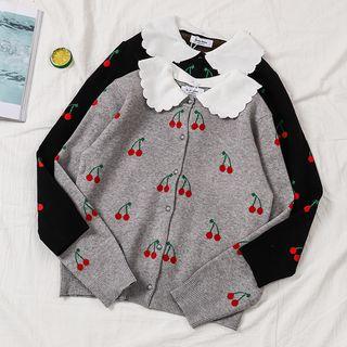 Contrast Collar Cherry Print Cardigan