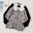 Contrast Collar Cherry Print Cardigan