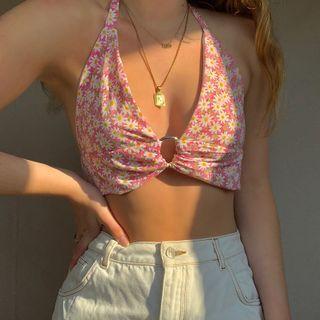 Halter-neck Floral Print O-ring Cropped Camisole Top Pink - One Size