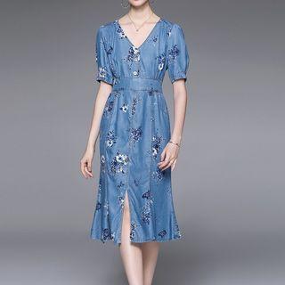Puff-sleeve V-neck Floral Denim Midi A-line Dress