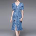 Puff-sleeve V-neck Floral Denim Midi A-line Dress