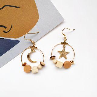 Alloy Moon & Star Wooden Bead Hoop Earring