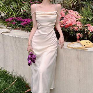 Spaghetti Strap Faux Pearl Midi Dress