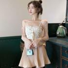 Bow-front Floral Cropped Camisole Top / Mini A-line Skirt / Plain Cardigan