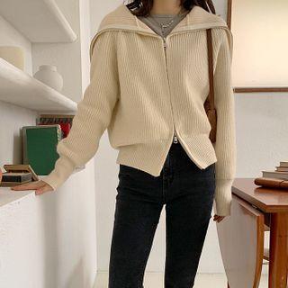 Sailor-collar Reversible Zip-up Ribbed Cardigan