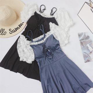 Two-tone Lace Panel Cold-shoulder Swimdress