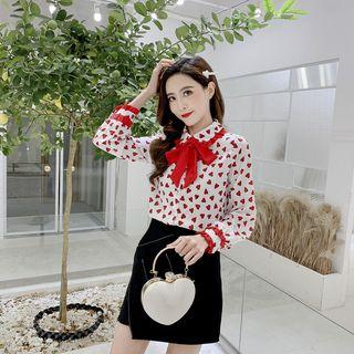 Tie-neck Heart Print Shirt