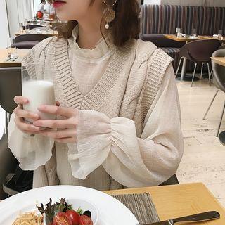 Long-sleeve Ruffled Mesh Top Beige - One Size