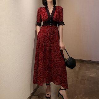 Short-sleeve Leopard Print Midi A-line Dress