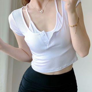 Mock Two Piece Short Sleeve Plain Crop Top