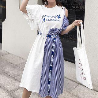 Pinstriped Panel Short-sleeve Midi Dress