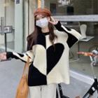 Long-sleeve Two-tone Heart Jacquard Sweater Black & White - One Size