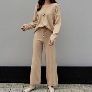 Set: Drop-shoulder Knit Top + Drawstring-waist Knit Pants