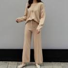 Set: Drop-shoulder Knit Top + Drawstring-waist Knit Pants