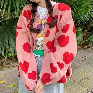 Long-sleeve Heart Print Knit Cardigan Pink - One Size