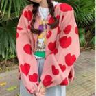 Long-sleeve Heart Print Knit Cardigan Pink - One Size