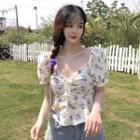Floral Puff-sleeve V-neck Chiffon Blouse