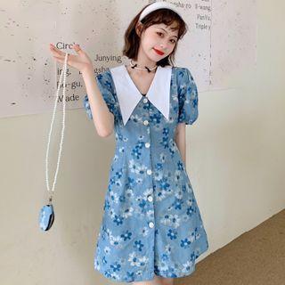 Puff-sleeve Peter Pan-collar Floral Mini A-line Dress