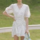 Puff-sleeve Floral Print Drawstring Mini A-line Dress
