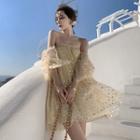 Off-shoulder Star Print Mesh Mini A-line Dress