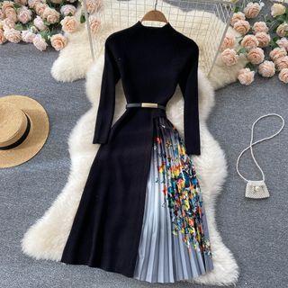 Stand-collar Knit Panel Print Accordion Pleat Dress