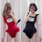 Frill Trim Ribbon Swimsuit / Attachable Cat Tail / Set