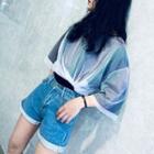 Elbow-sleeve Mesh Overlay T-shirt / Denim Shorts