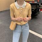 Plaid Short-sleeve Knit Polo Shirt Yellow - One Size
