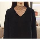 Set: Plain V-neck Sweater + Mesh Long-sleeve Top