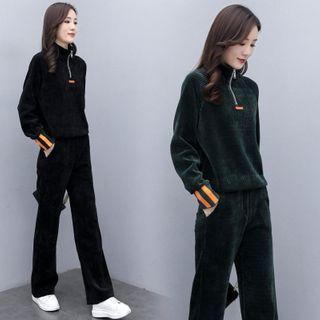 Set: Corduroy Half-zip Sweatshirt + Wide-leg Pants