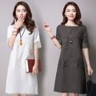 Elbow-sleeve Perforated Lace Panel T-shirt Dress