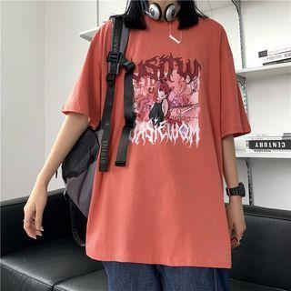 Short Sleeve Cartoon Print Loose-fit T-shirt