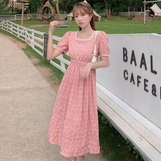 Short-sleeve Square-neck Crinkled Midi A-line Dress